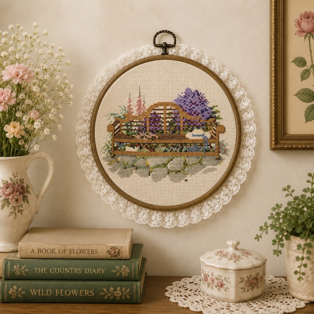 Vintage Garden Bench Cross Stitch Wall Hanging Lace Trim Hoop Art 8.5 Inch